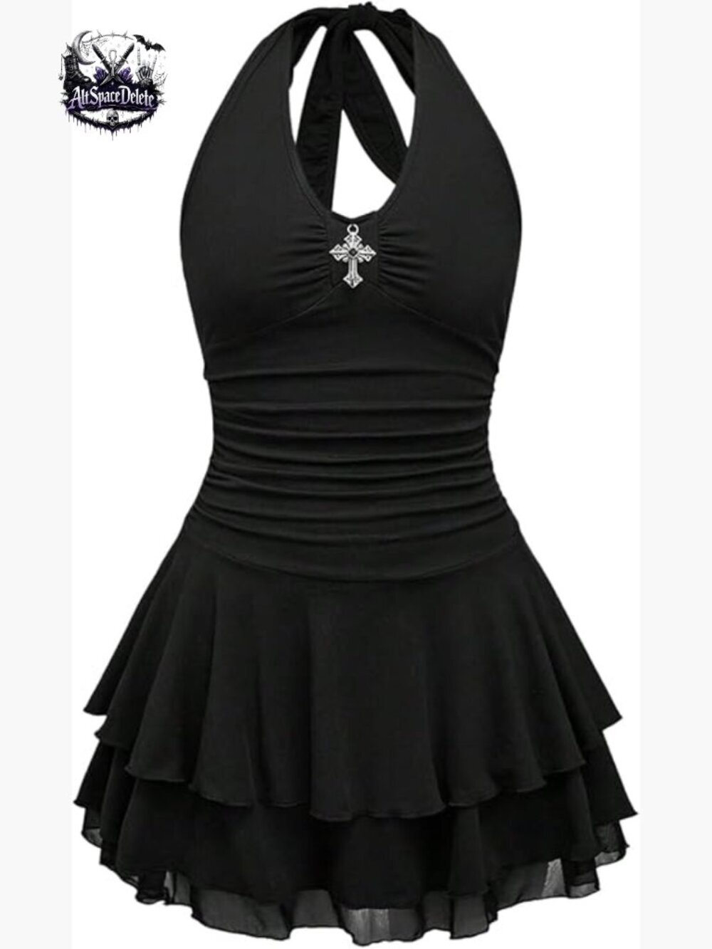 Punk Halter Backless Mini Dress Ruched Ruffle Hem Tie Back